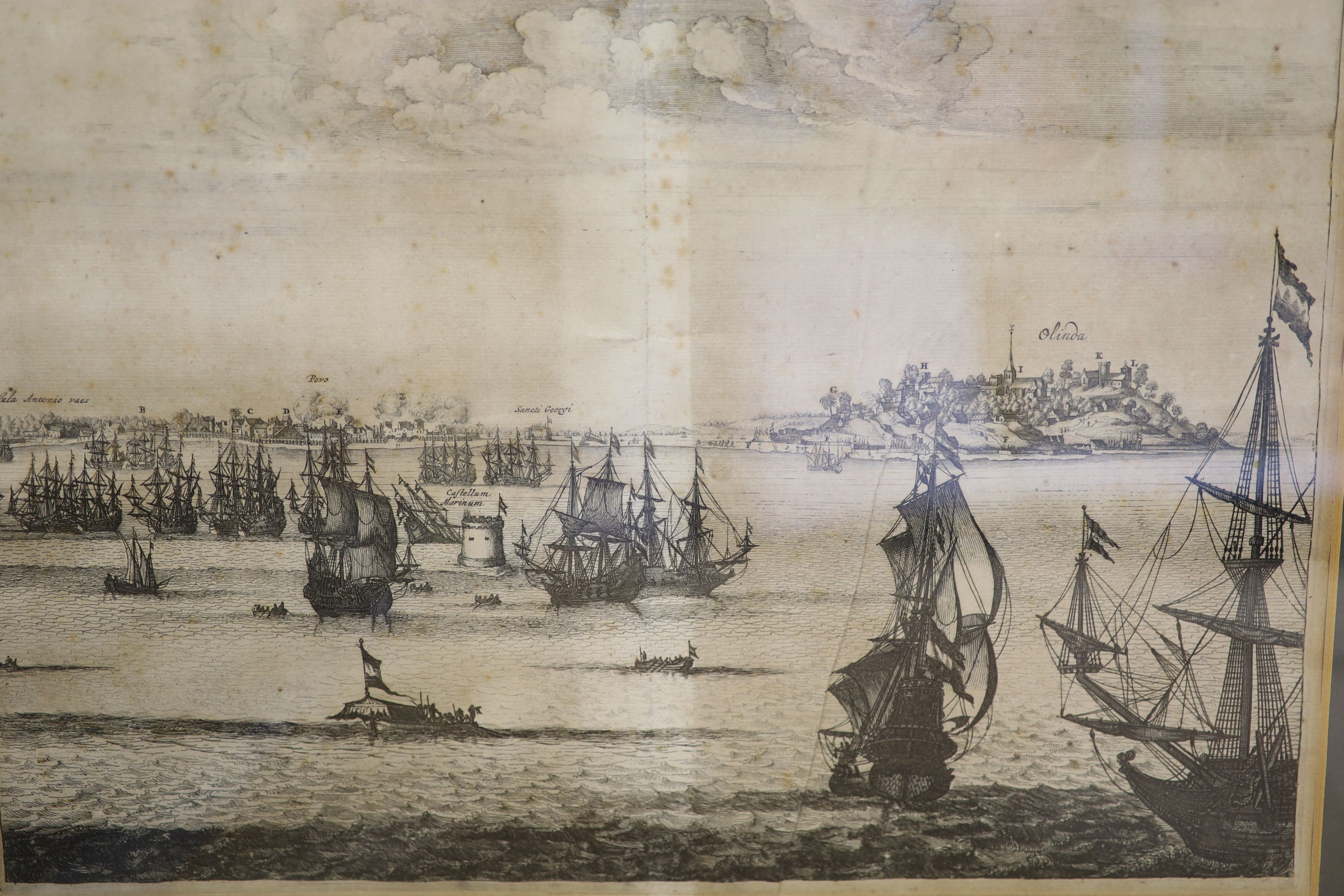 Two 18th century engravings, Views of Callao de Lima and Olienda de Phernambuco, 29 x 35cm and two other prints
